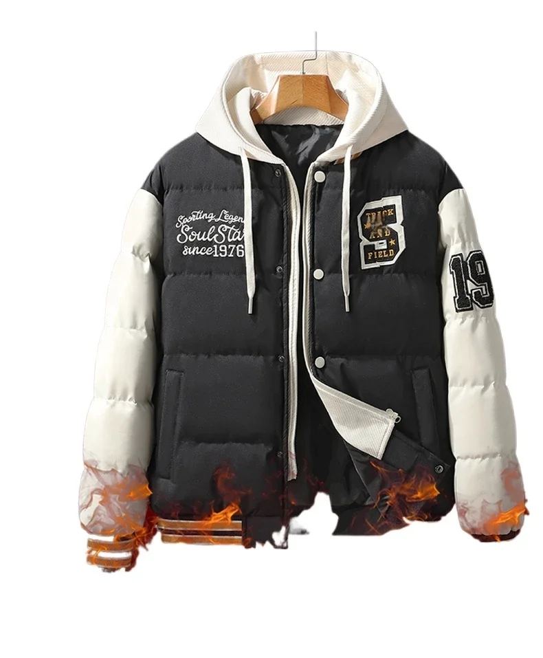 เสื้อแจ็คเก็ตบุนวมมีฮู้ดหนาสำหรับผู้ชาย ฤดูใบไม้ร่วง ฤดูหนาว เสื้อโค้ทผ้าฝ้ายแบบสองชิ้นปลอมกันลม เสื้อคลุมลำลองที่ให้ความอบอุ่น