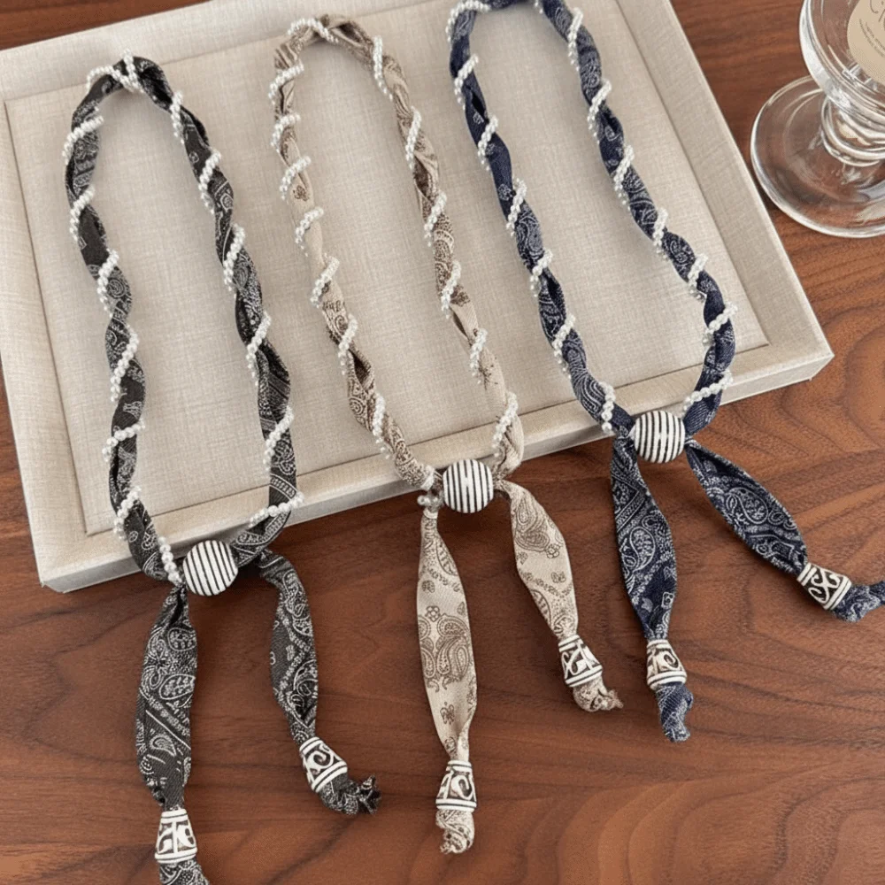 Vintage Flower Print Cashew Flower Scarf Resin Wood Beads Knot Yarn Neck-Wrapping Scarf Long Chain High-End Collar Collar Scarf