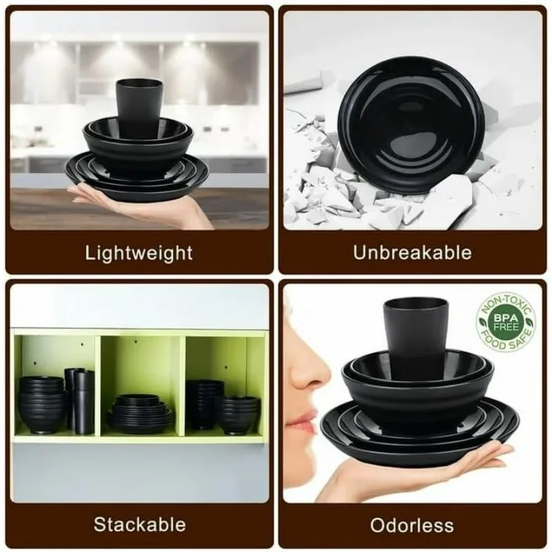 

Черный набор посуды премиум-класса, 16 предметов, не содержащий бисфенола А, для 4 небьющихся в посудомоечных машинах в микроволновой печи