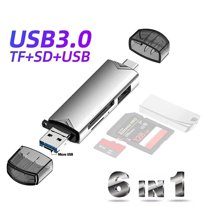 6 In 1 USB3.0 Multi Card Reader SD TF Memory Card OTG Adapter Type-C Micro USB USB-A Plug & Play for Phone Camera Laptop