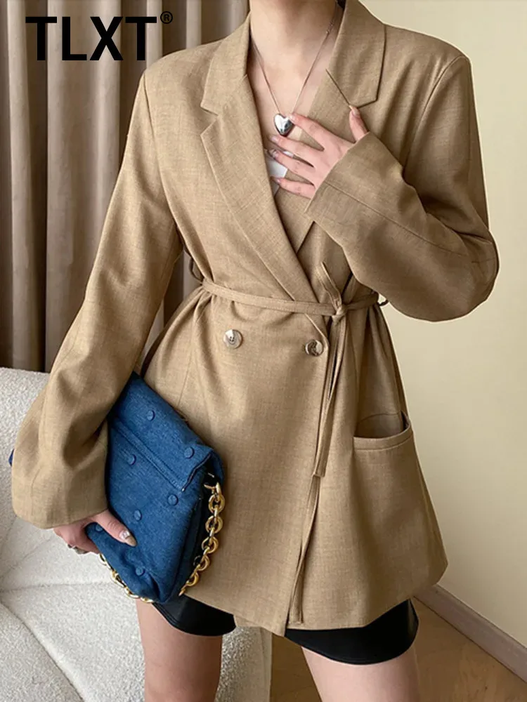 

TLXT Elegant Women's Lace-up Design Blazer Lapel Double Breasted Long Sleeve Commute Coats Female Summer 2025 New XK1275
