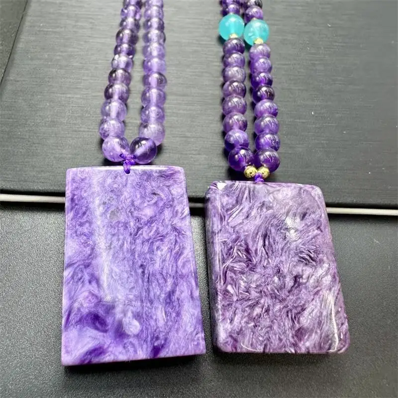 

34-38MM Natural Charoite Cube Amethyst Bead Chain Pendant Jewelry Healing Energy For Charm Women Birthday Gift 1PCS
