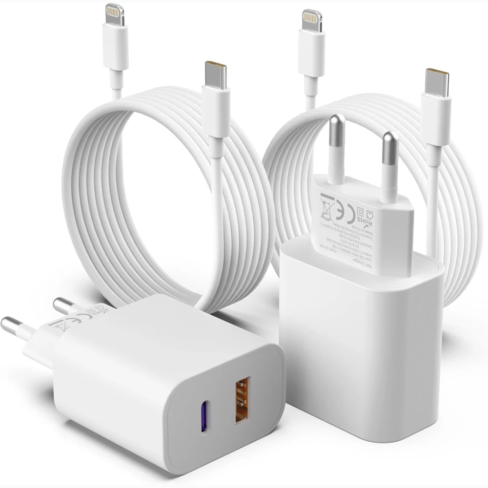 2 حزمة 20 واط شاحن سريع آيفون ثنائي المنفذ A/C محول شحن سريع مع 6FT USBC إلى كابل البرق آيفون 14/13/12/11/XS/XR