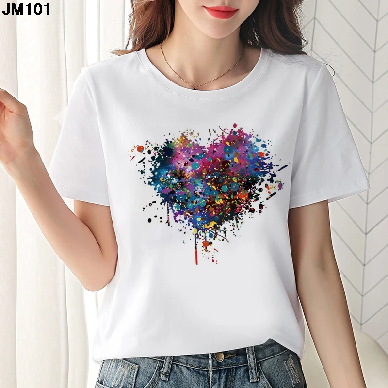 

Heart flower printing women Tshirt Harajuku ladies O-collar white T shirt short sleeve ladies T-shirt love graphic Tops clothing