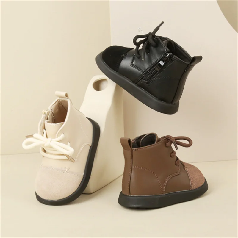 2024 New Spring Baby Shoes  Leather Toddler Boys Ankle Boots Rubber Sole Infant Shoes Fashion Little Girls Boots 15-25