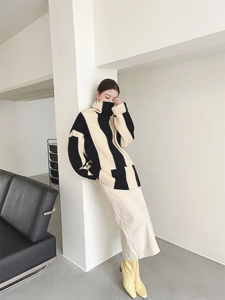 Female Sweater LOOSE Casual Stripe Knitted Women\'s Turtleneck Oversized Korean Fashion Thickening Warm Winter Women\'s Sweater