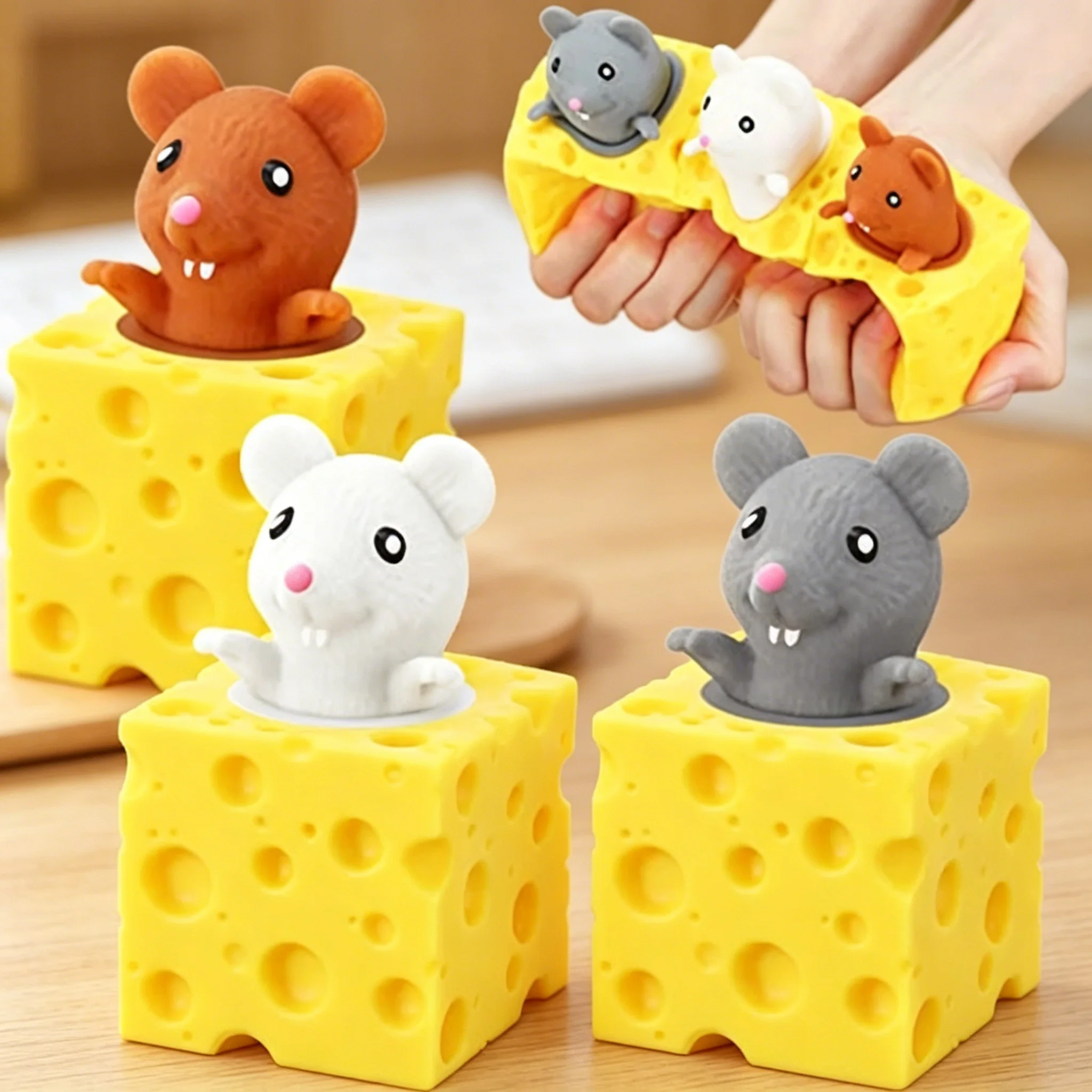 New Pop Up Funny Mouse & Cheese Block Squeeze Fidget Toy Hide and Seek Cute Figures Fun Stress Relief Anti-Anxiety Sensory Toy