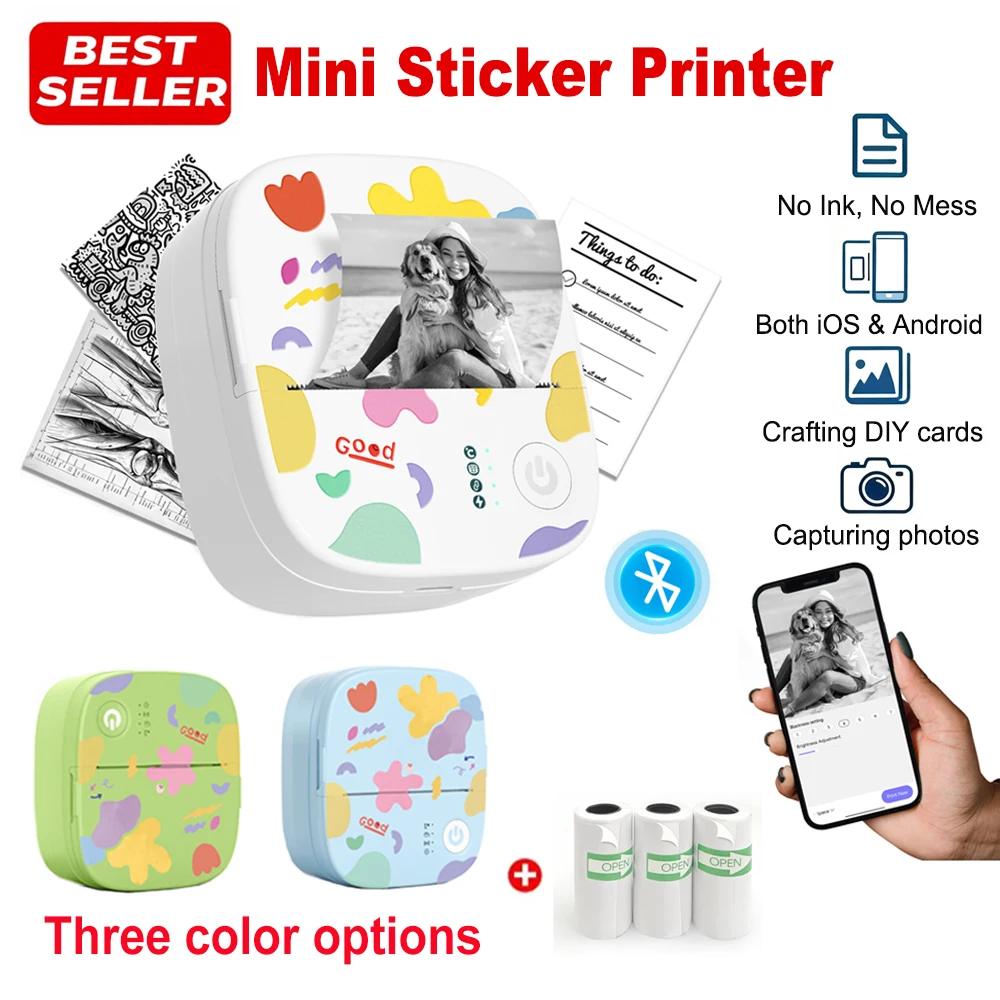 

Portable Mini Thermal Printer Bluetooth Pocket Label Maker Printer Inkless Printpods Sticker with 3 Rolls Paper for Home Office