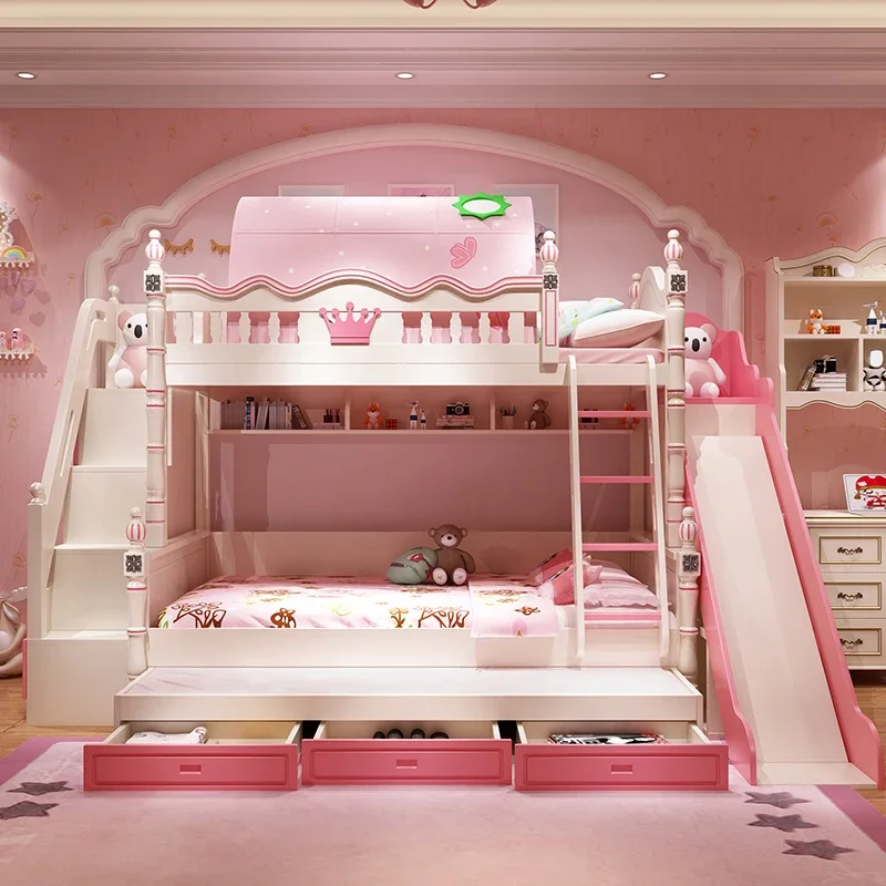 High and low beds, two-story children's beds, girls' princess beds, solid wood bunk beds