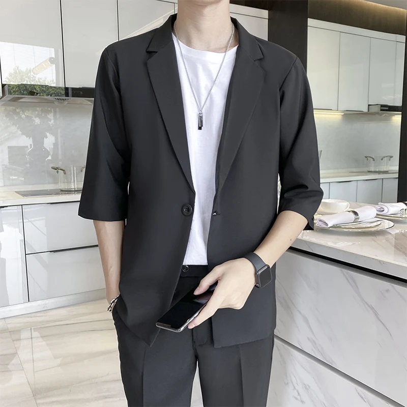 

Casual Lightweight Men's Two-Piece Suit ort Sve Loose Fit Summer Thin Korean Sle Mid-Sve Western Wear Stand Cut