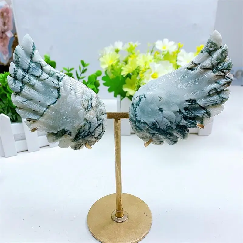 

Natural Moss Agate Angel Wings Crystal Carving Crafts Fengshui Home Decoration Healing Girl Birthday Present 1pair