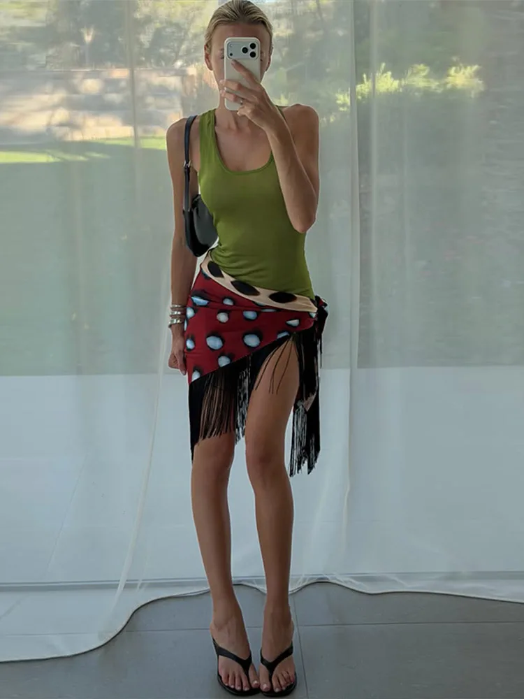 Wendbarer bedruckter Minirock mit Quasten für Damen, sexy, mit Schnürung, unregelmäßiger Saum, geteilte, schmale Röcke, charmante Damen-Strandkleidung – Detail 3
