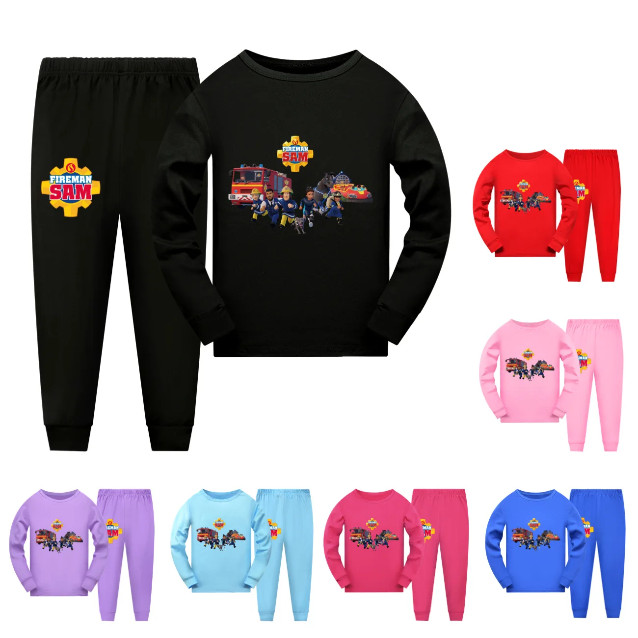 

Cartoon FIREMAN SAM Clothes Kids Cartoon Fire Fighter Nightwear Boys O-neck Long Sleeve Tops Pants 2pcs Set Girls Family Pajamas