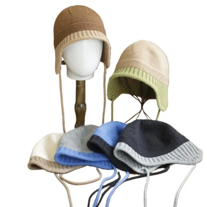2026 Neue Y2K Herbst-Winter Warme Wollmütze für Damen, Modische Vintage Farbblock-Strickmütze mit Ohrenschutz, Vielseitige Faltbare Kappe – Detail 7