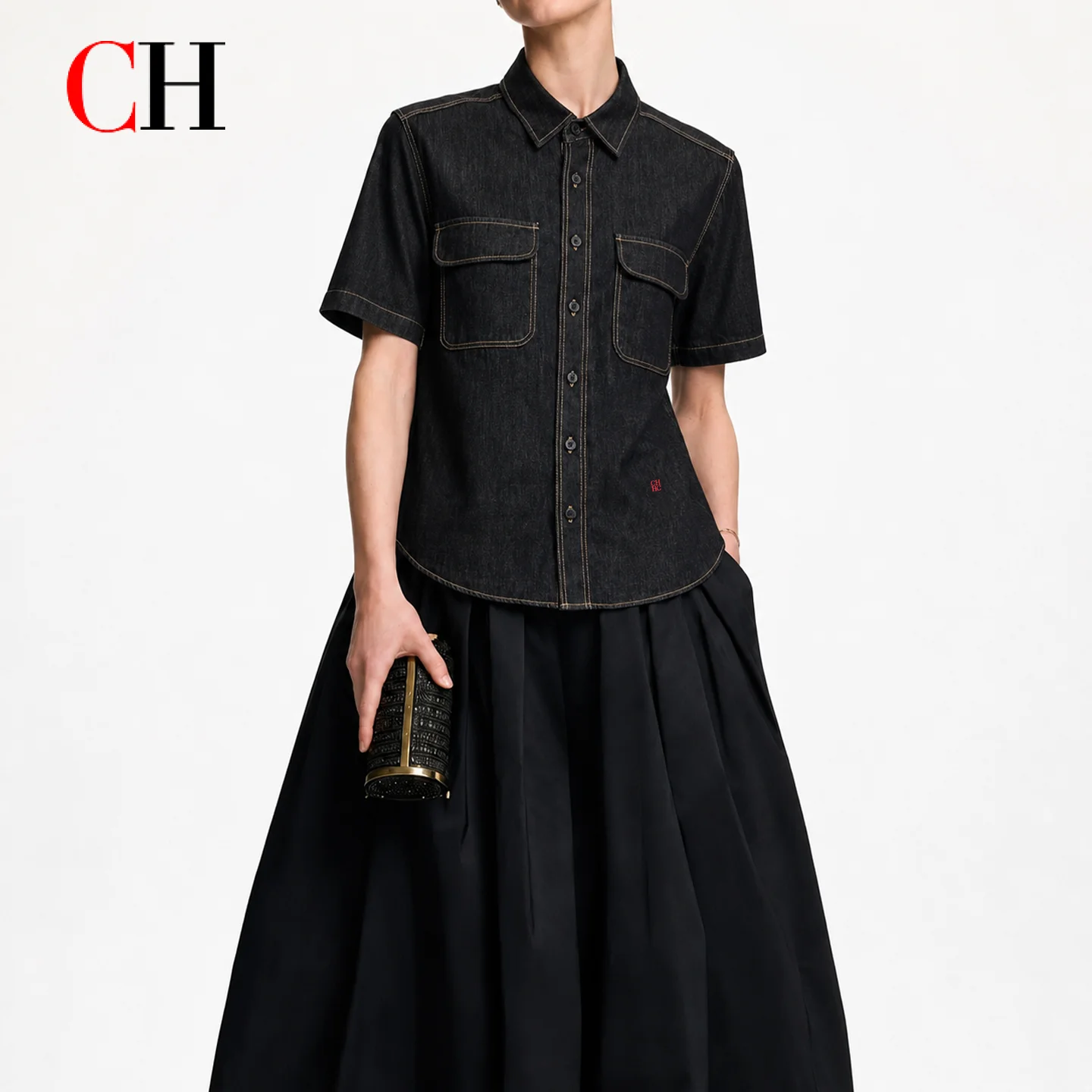 CH Women Contrast Stitch Short Sleeve Denim Shirt Lapel Double Pockets Button Down Casual Jean Blouse