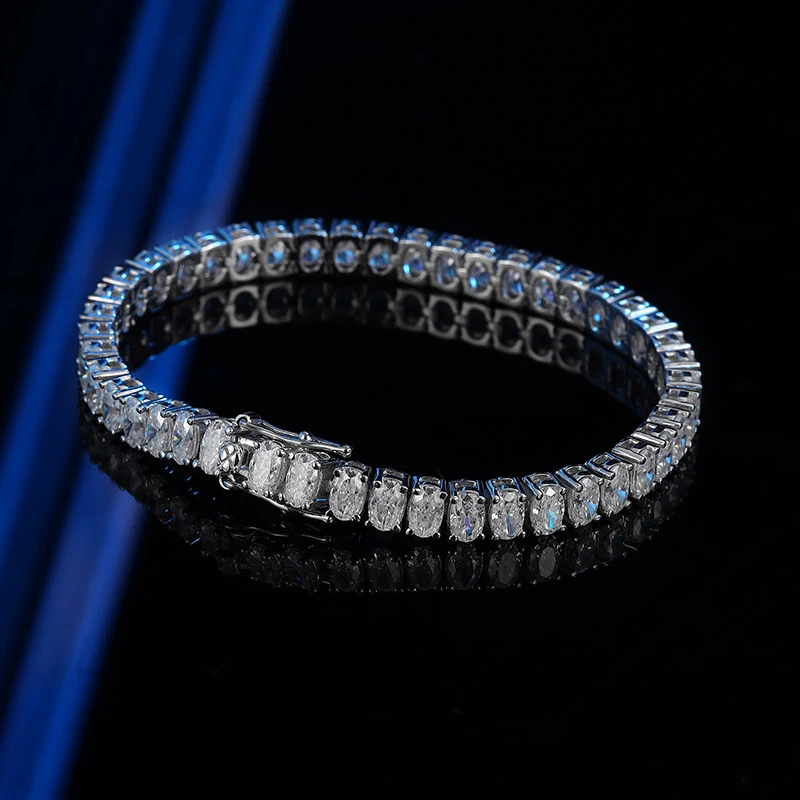 NeeTim Full Oval Cut Moissanite Tennis Bracelet Original s925 Sterling Silver with White Gold Plated Bracelets for Women Man