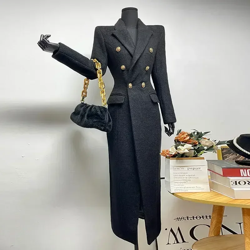 Winter Black Vintage Elegant Coat Women Slim Button Retro Design Temperamen Long Overcoat Female Korea Style Chic Warm Outfits