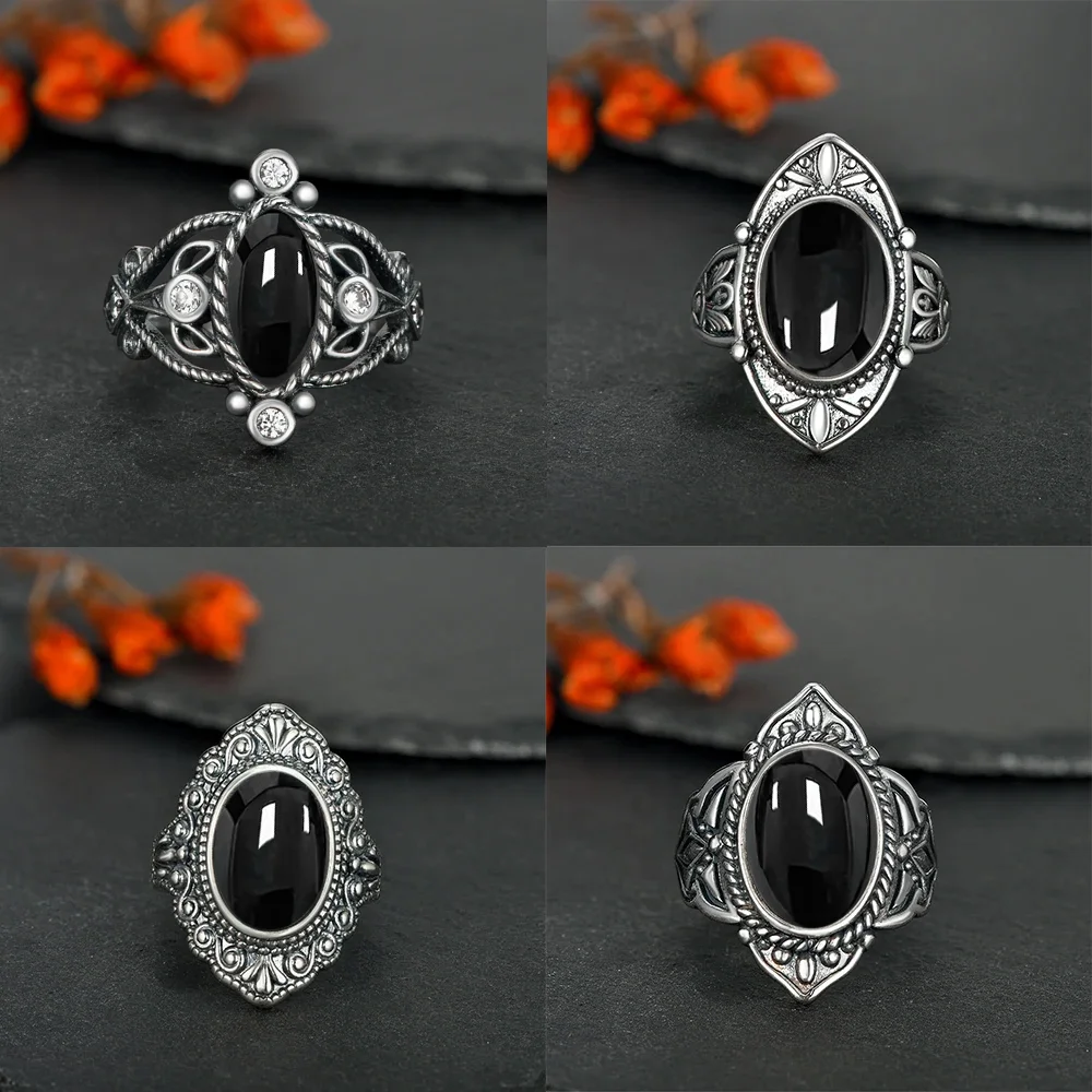 925 Silver Vintage Ring Natural Black Agate Denier Type Horse Eye Design for Women Exquisite Packing Gift  Fine ring