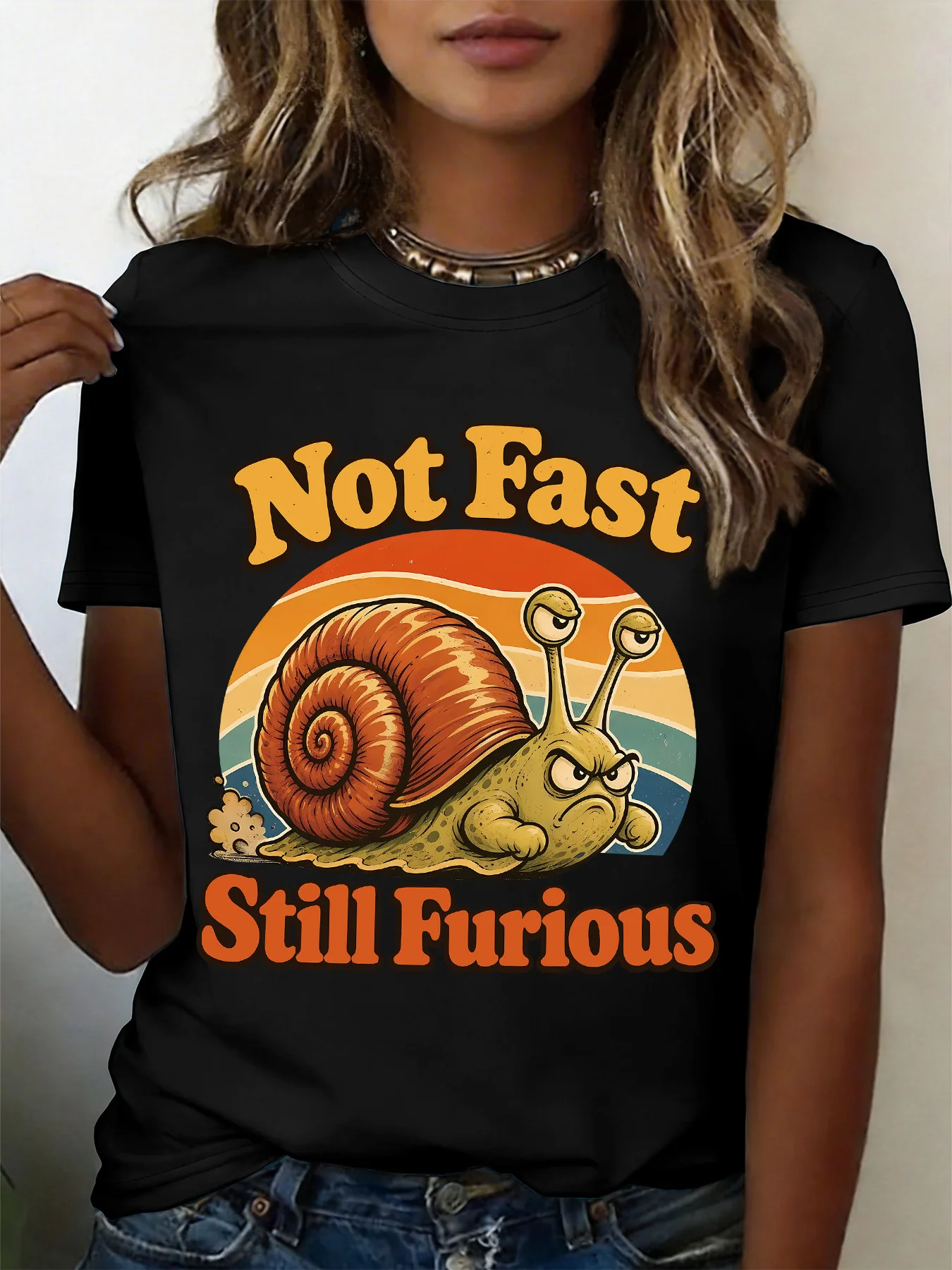 Women Crew Neck Tee Retro Angry Snail Cartoon Graphic Print Short Sleeve Loose Ladies Summer Cotton Plus Size Casual Top
