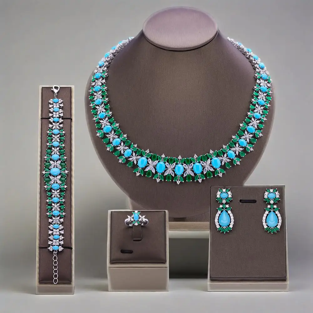 

Роскошные свадебные комплекты ювелирных украшений с бирюзовым фианитом, блестящее циркониевое ожерелье, серьги, кольца, браслеты, комплект из 4 предметов, ювелирные изделия из ОАЭ