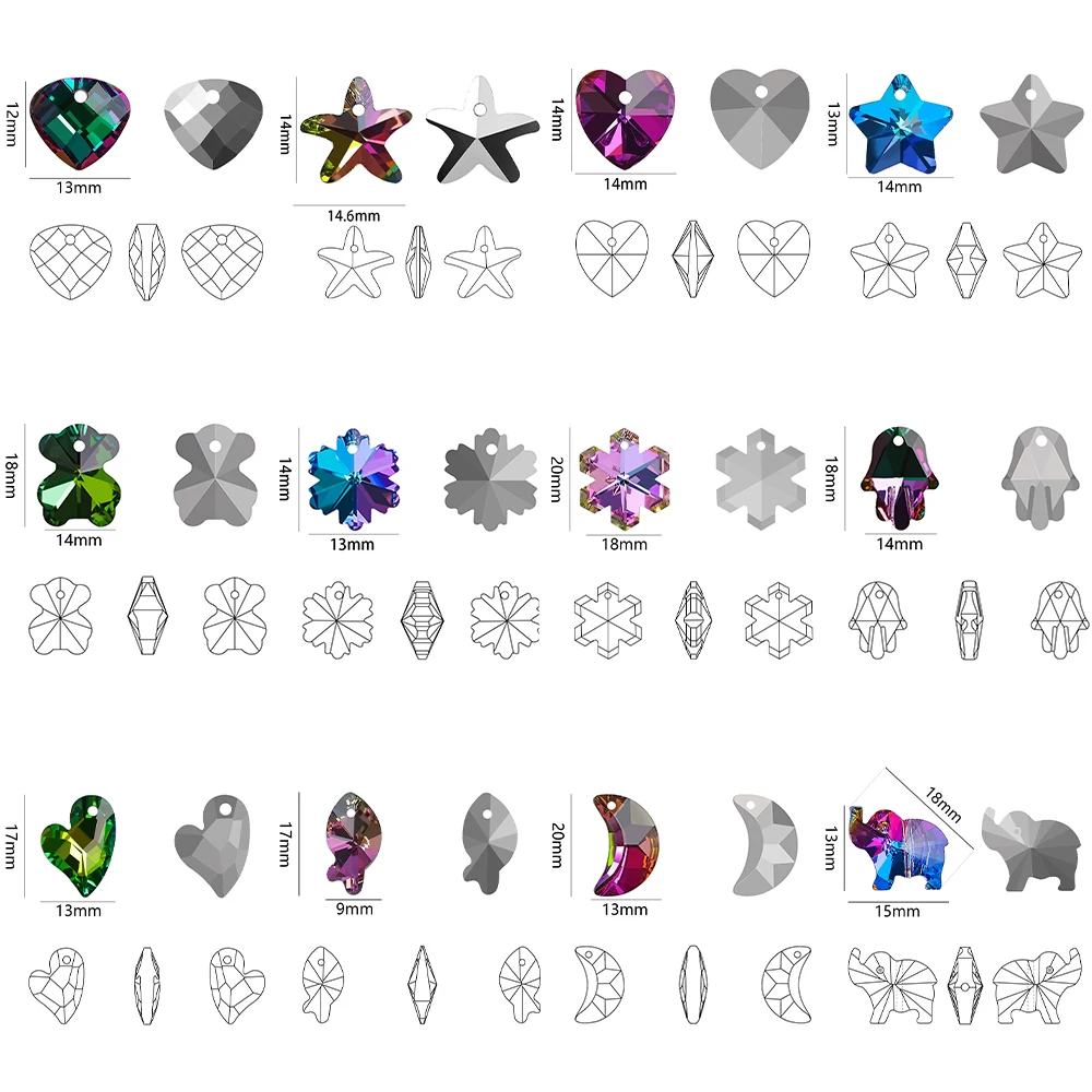 20Pcs Mixed Multi Shape Charms Crystal Beads Love Heart Glass Crescent Pendant Gems for Jewelry Making Necklaces Earrings DIY