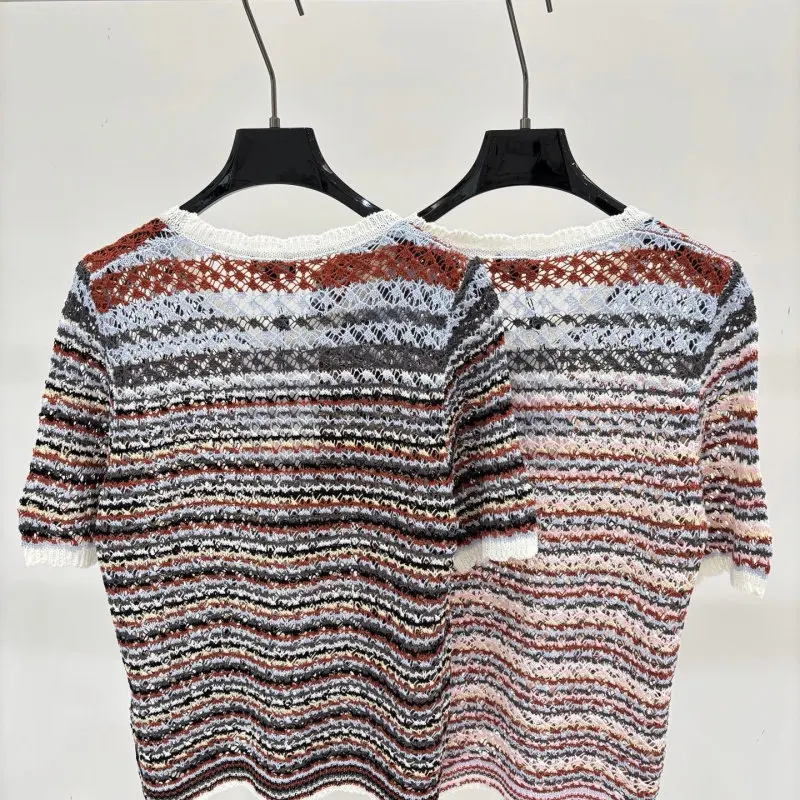 Vintage Loose Knit Tee, Round Neck Lace Trim Striped Colorblock Cutout