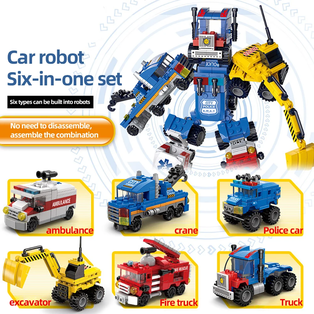 6 في 1 سيارة روبوت اللبنات مجموعة الإنقاذ مركبة سيارة إسعاف سيارة مطافئ الطوب DIY تجميعها لعبة للأطفال التعليمية هدية