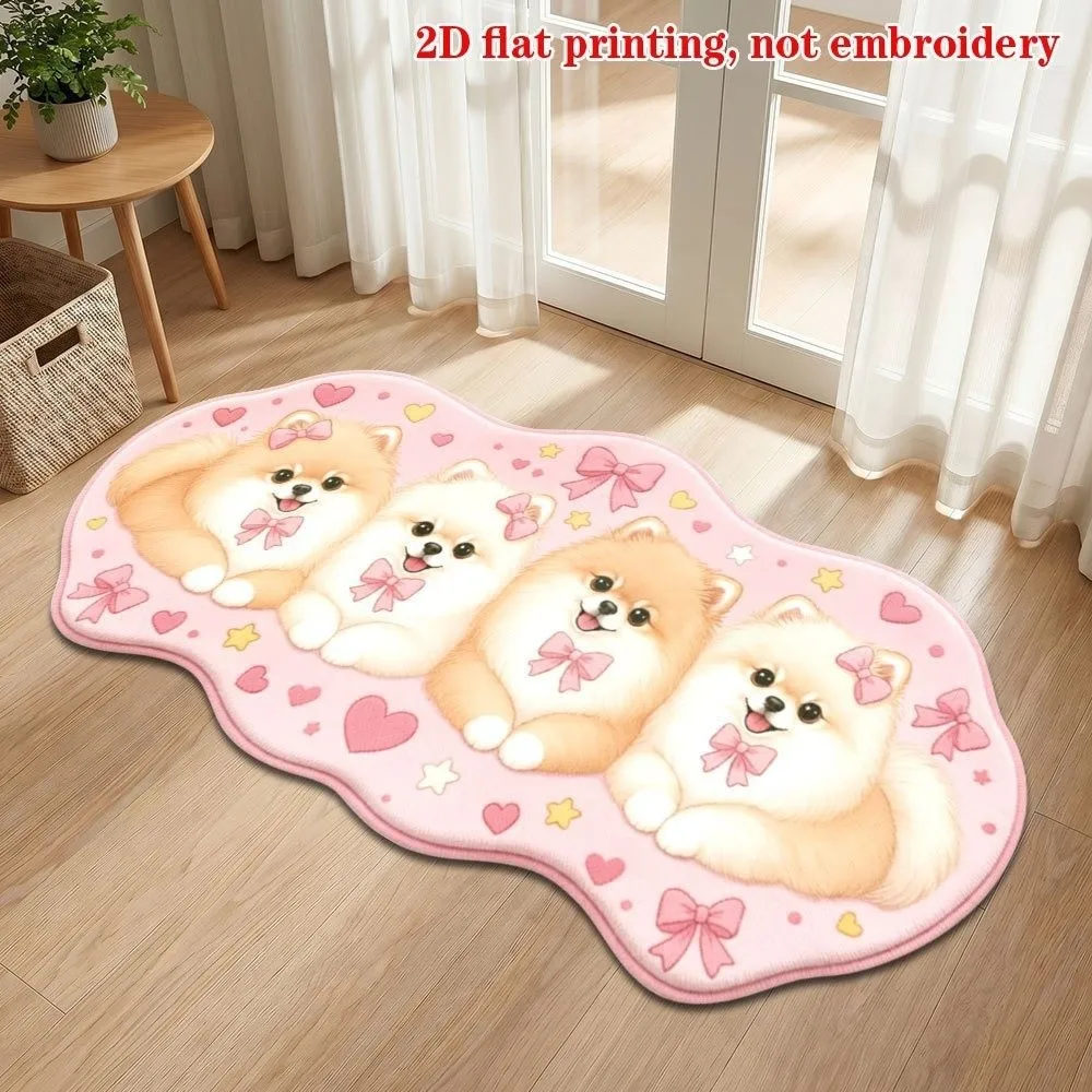 New Faux Cashmere Cartoon Puppy Rug Wavy Shape Cartoon Dog Pattern Animal Print Area Rug Soft Non-Slip Bedside Mat Bedroom
