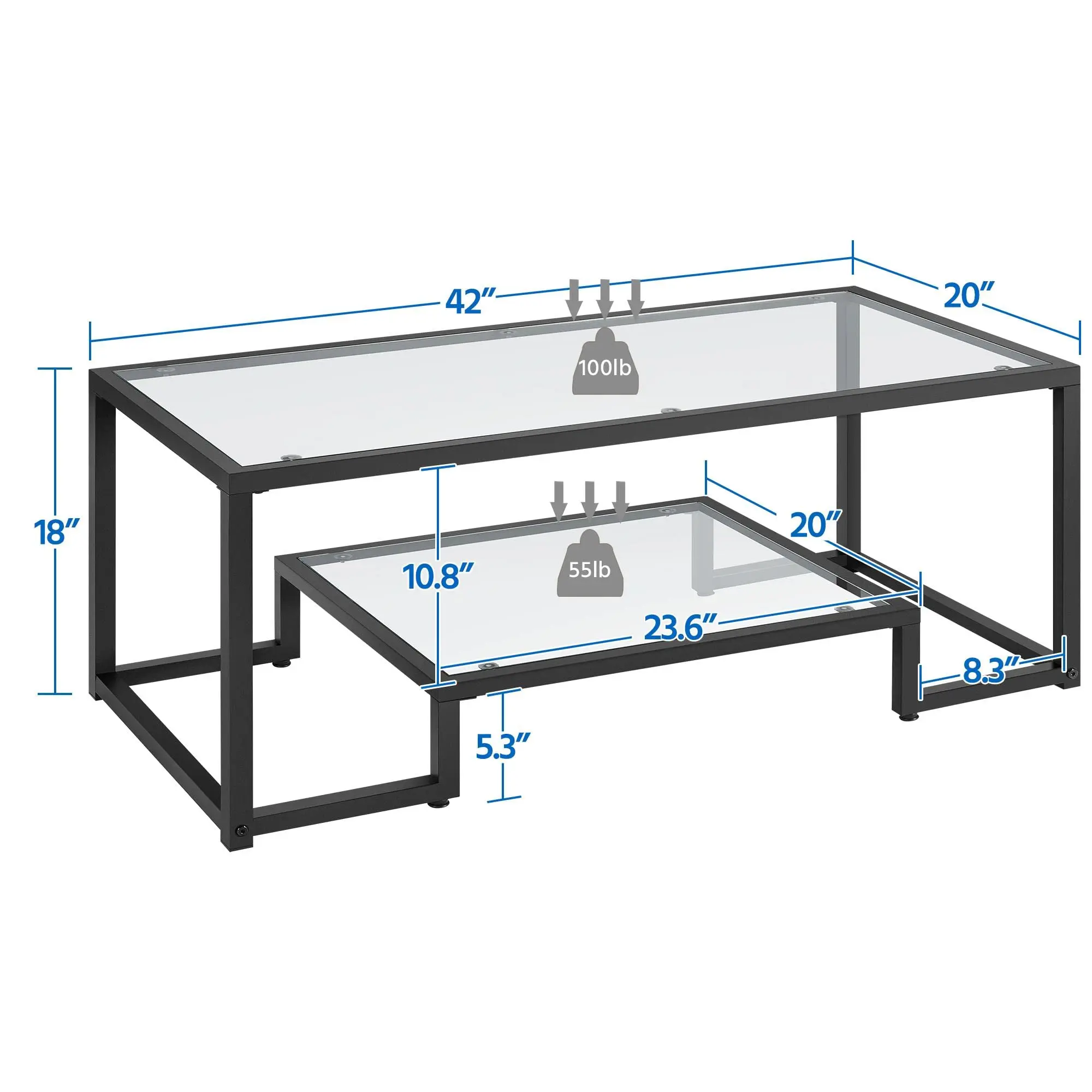 2-Layer Coffee Table, Tempered Glass Center Table with Storage Shelf, Sturdy Metal Frame Side Table, Balcony