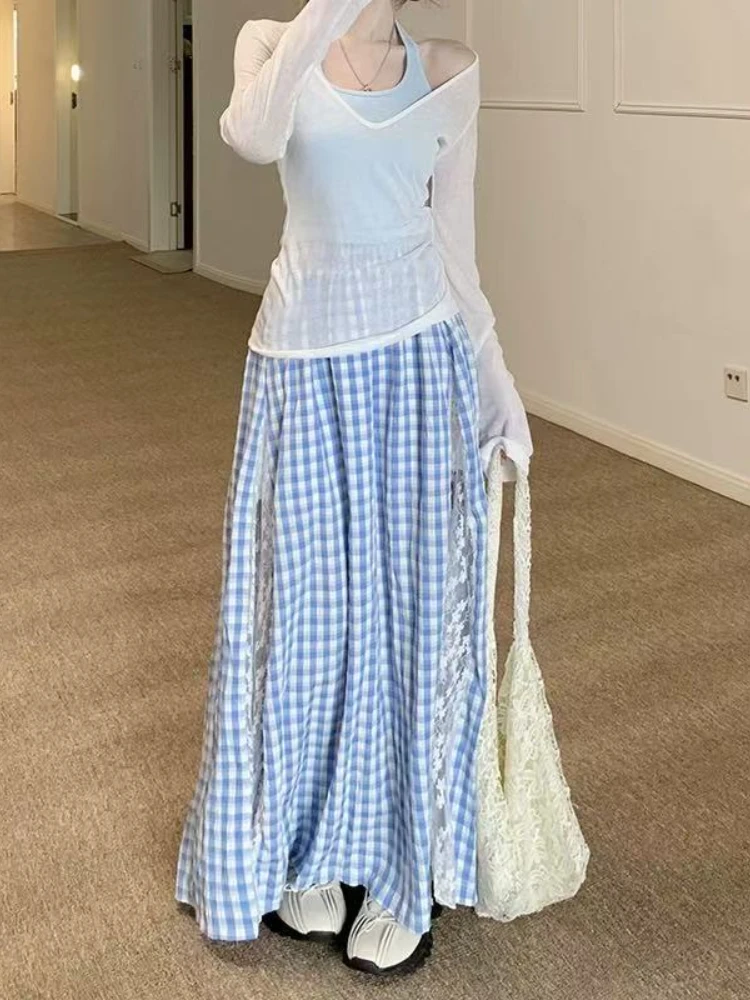 

Design Sense, милые синие клетчатые юбки, женские корейские модные кружевные лоскутные длинные юбки, новая шикарная одежда в стиле Харадзюку Y2k, весна 2025 г.