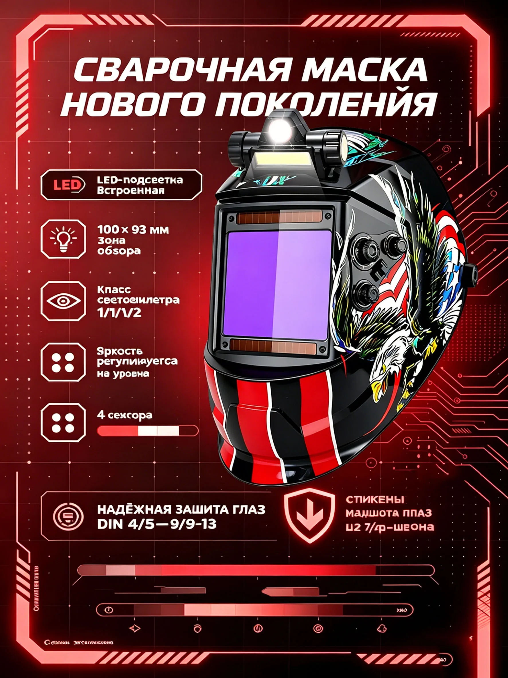 10×9.3cm Large View Auto Dark Welding Helmet – True Color, 4 Sensors, Solar/Battery, Shade 3.5/5-9/9-13 for TIG/MIG/ARC/Cutting