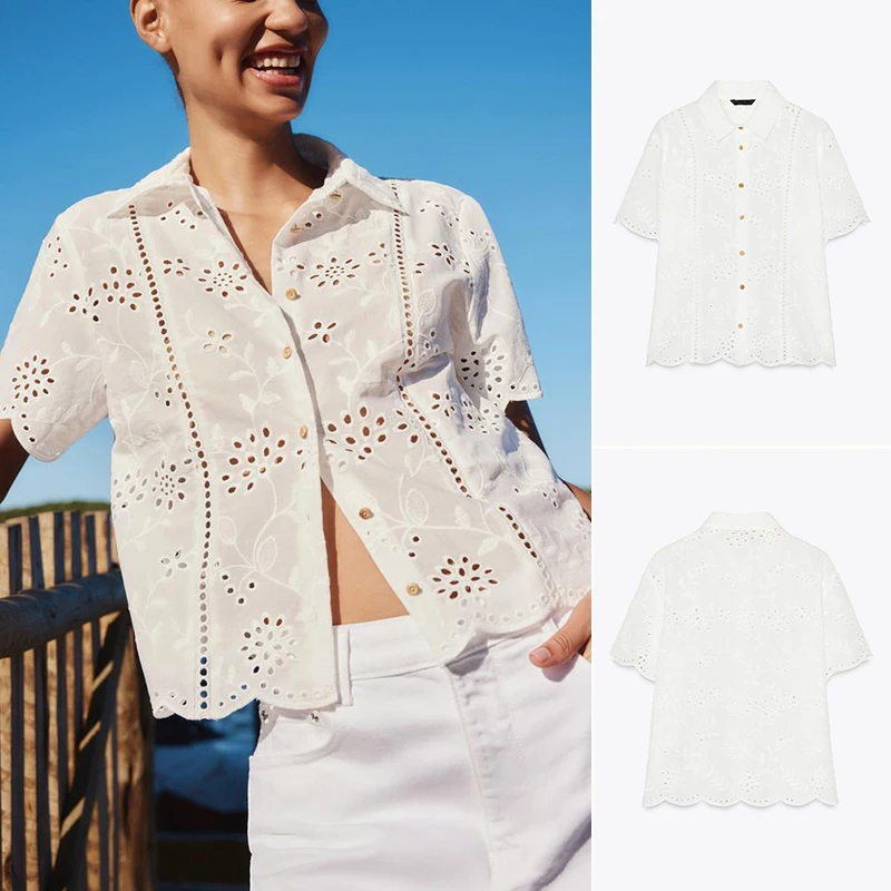 

Spring Summer Women's irt Simple Hollow Embroidery Vertical Lace Decorated ort Sve Turn-down Collar Top Polyester Fiber