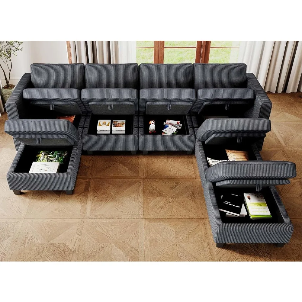 

U-Shaped Modular Corduroy Sectional Sofa – Convertible 4-Seat Couch with Storage Ottoman & Chaise, Modern Sectional for Living