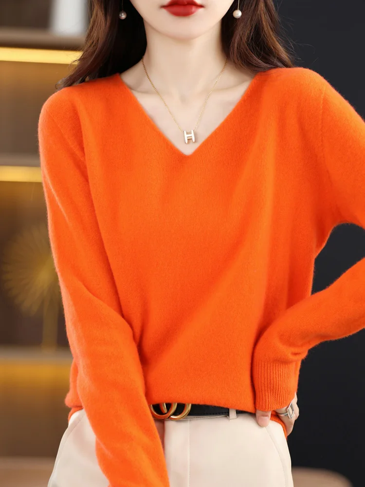 New Style Spring Autumn Knitted Sweater Basic Clothing V-Neck 100% Cashmere Merino Wool High Quality Pullover Knitwear