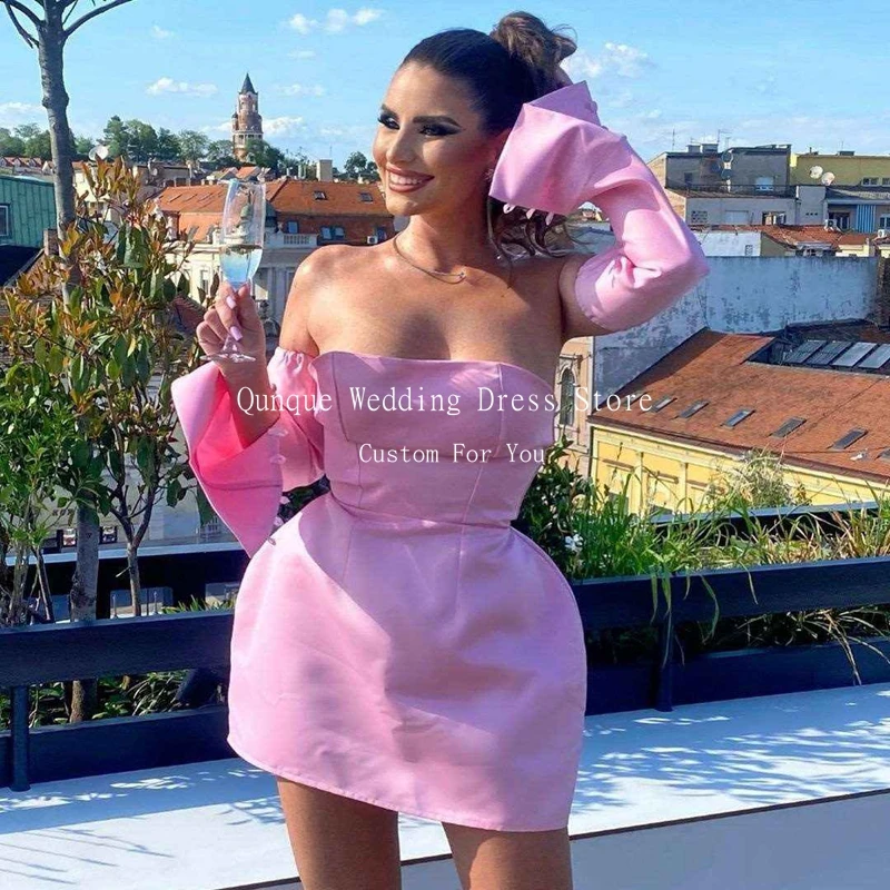 Qunque Mini Pink Cocktail Dresses Removable Long Sleeves Strapless Satin Sexy Birthday Dress Women Customized Vestidos De Festa