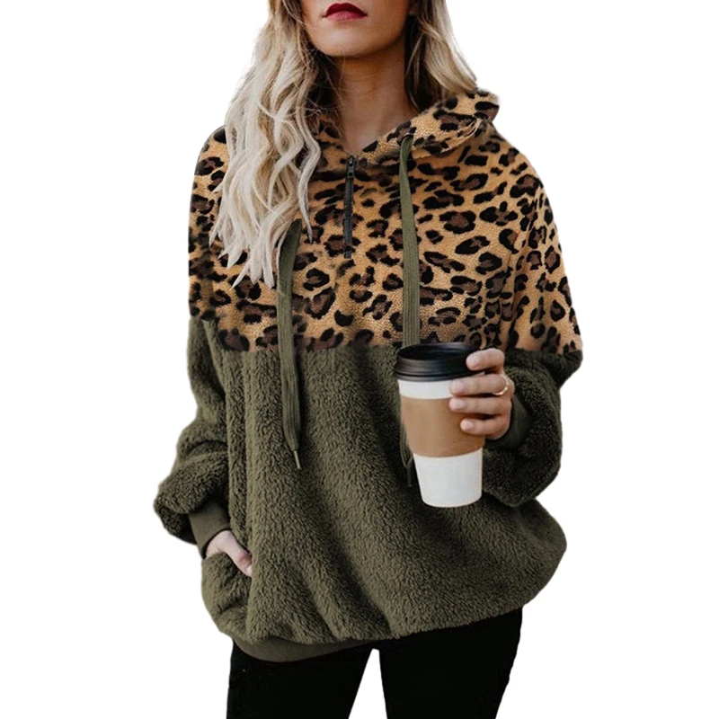 Women\'s Thick Hooded Sweatshirt Autumn Winter Leopard Printing Zipper Loose Blouse