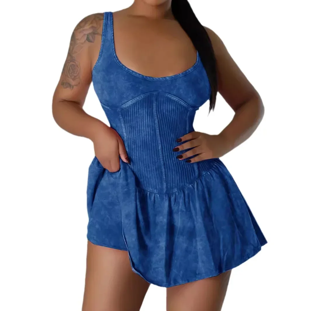 HY104 Fashionable Sexy Tie-dye Printing Suspender Splicing Dress