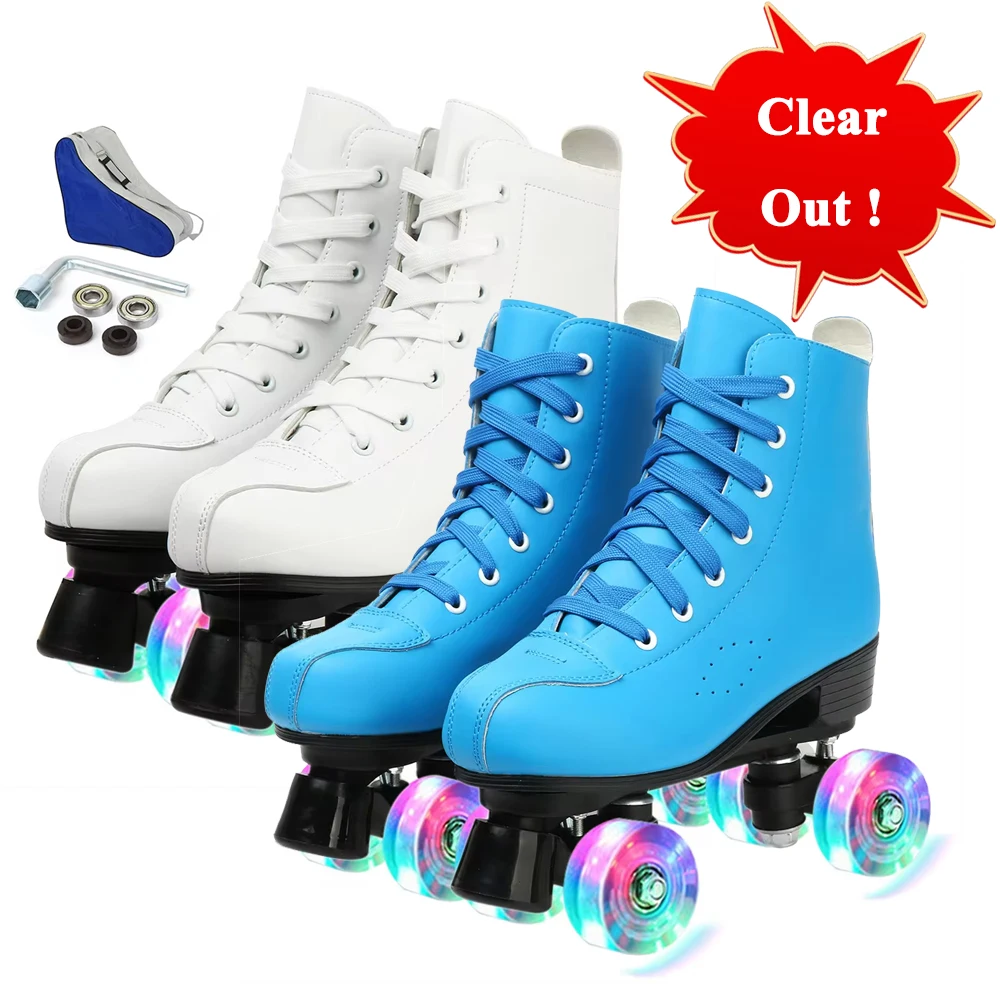 Flash Quad Roller Skate Shoes Double-Row 4 Wheels Skates Kids Beginner Adult Women Men Outdoor Skating Sneakers Size 32 34 37-41