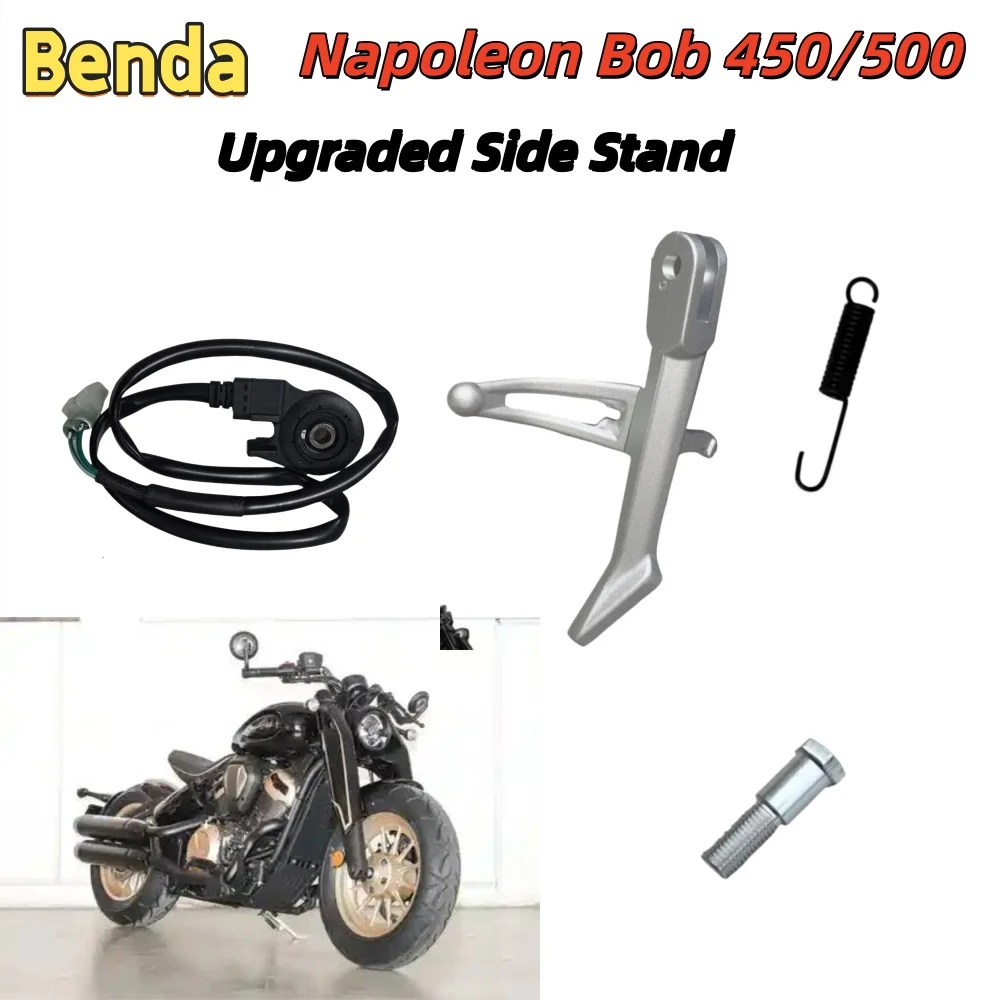 Aluminum alloy side stand/kickstand assembly (including spring) for Benda Napoleon Bob 450/500-30 motorcycles.
