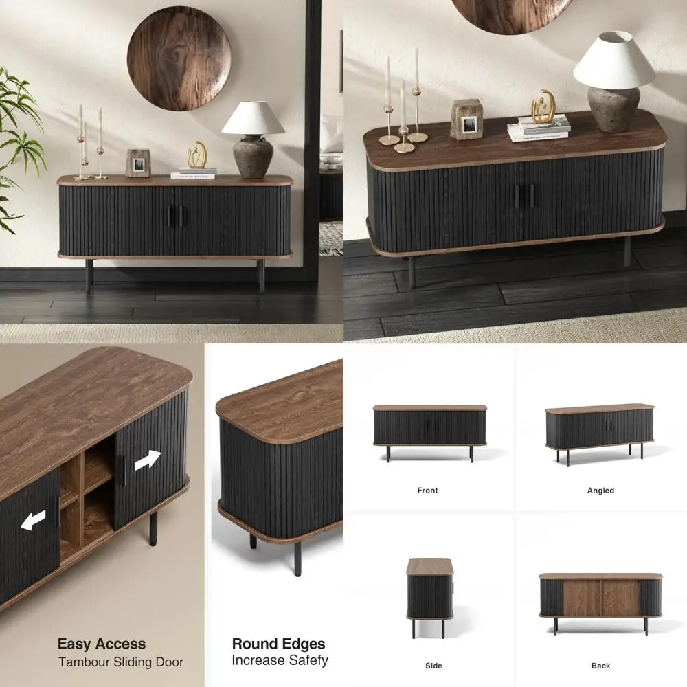 حامل تلفزيون أسود كبير بعرض 47 بوصة مع مساحة تخزين ووحدة تحكم وسائط وباب منزلق وتصميم خزانة مخدد لغرفة المعيشة الحديثة