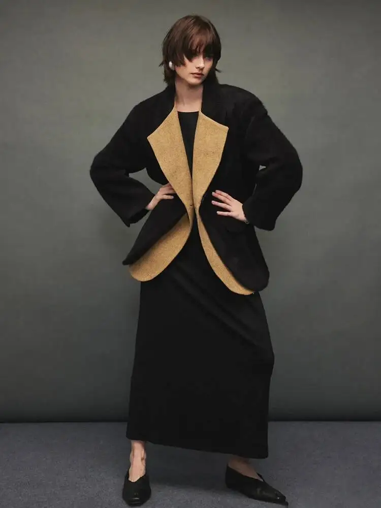 TLXT Fashion Women's Contrast Color Patchwotk Fake 2 Piece Blends Blazer Lapel Loose Single Button Suit Jacket Autumn New XK1513