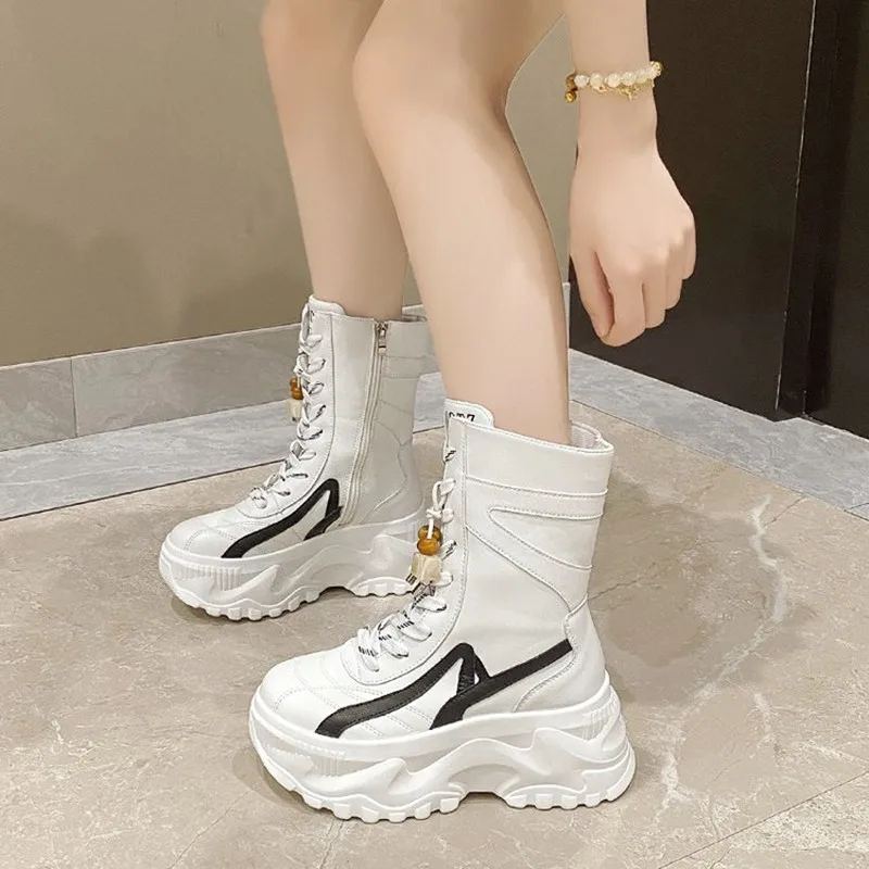 New Women 8CM Chunky Mid-Calf Boots 2025 Autumn Winter Beading Lace-up Zip Shoes High Platform Motorcycle Boots Leather Sneakers view 3