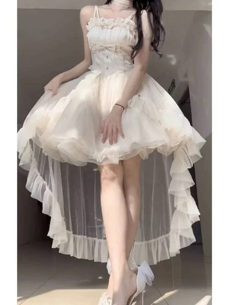 Französisch Stil Süße Halter Kleider für Frauen Abend Retro Prinzessin Vestidos Mujer Sommer Lolita Kawaii Elegante Party Kleid