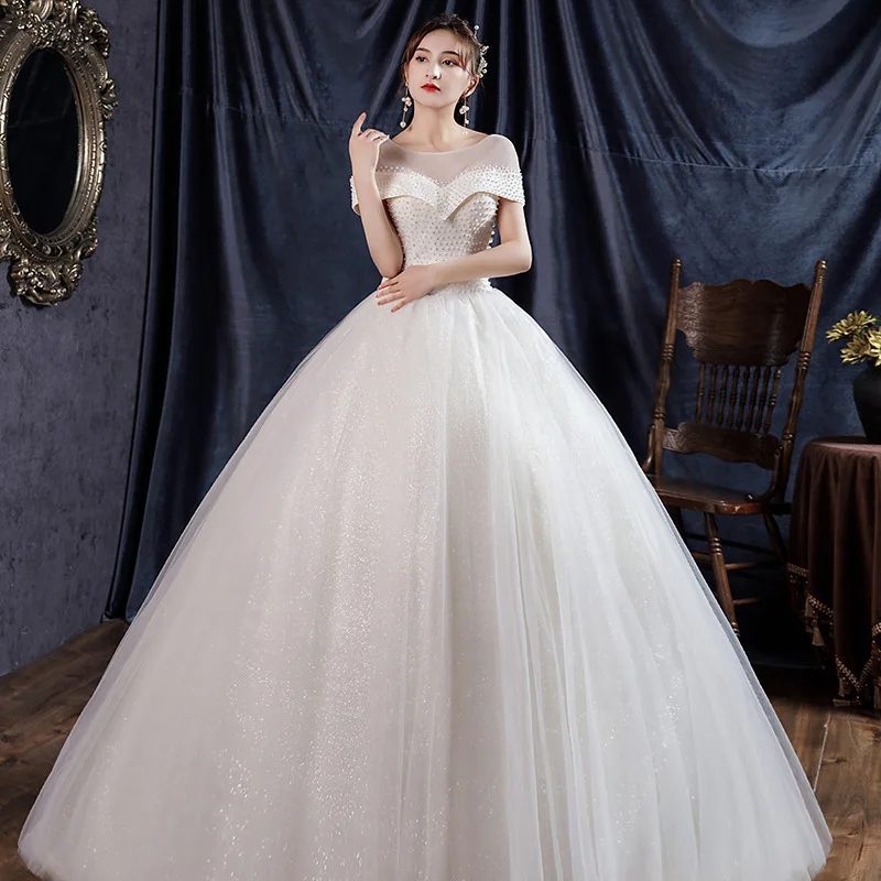 Starry Sky Wedding Dress One Shoulder Puff Skirt French Champagne Floor Pearl Light Yarn Customized