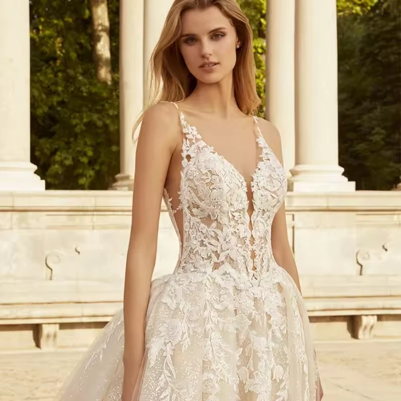 خمر تول فساتين الزفاف الدانتيل زين الجوف الخامس الرقبة عارية الذراعين السباغيتي حزام ثوب الزفاف مع الجيب