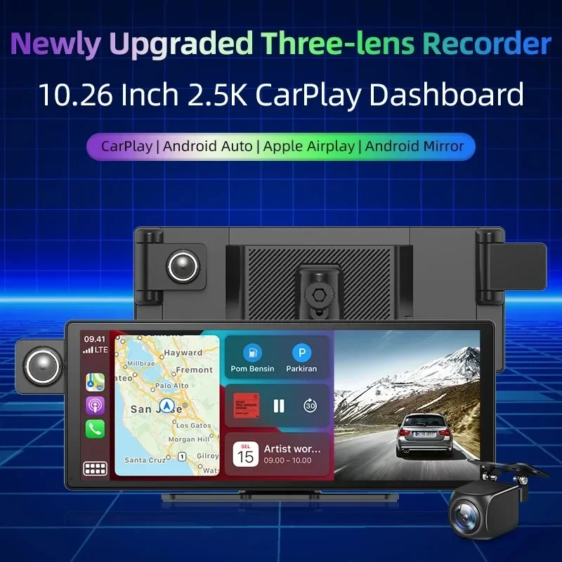 10.26" Dash Cam Wireless Carplay Android Auto Front Side Inside Rear View Rotate Lens Car Dvr Multimedia Player Video Recorder