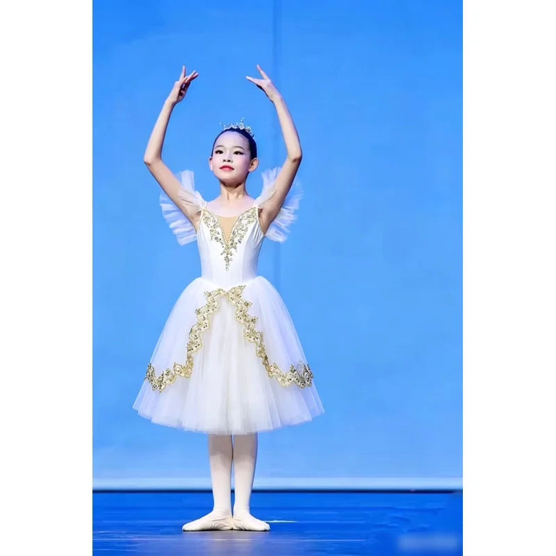Kids Children Embroidery Sequin Mesh Splice Romantic Tutu Professional Ballet Dress Stage Competition Party Performance Costumes