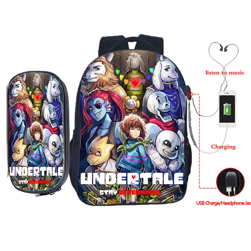 

Undertale мультфильм игры модные рюкзаки на заказ пенал 2 шт. детская школьная повседневная сумка с узором USB перезаряжаемые школьные сумки