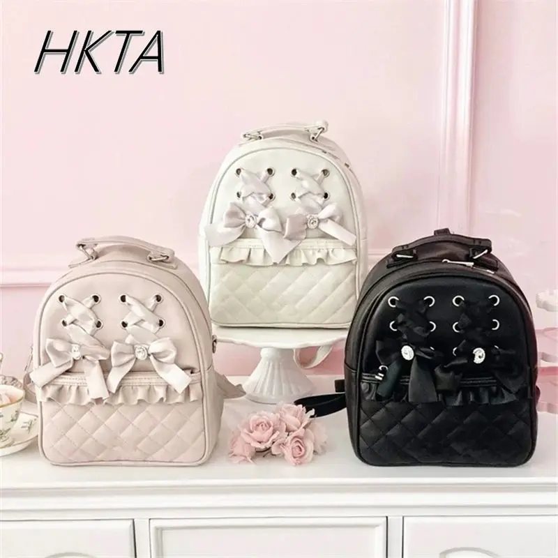 

Japanese Lolita Bow Rhinestone Backpack Women Mine New Casual Versatile Handbag Sweet Cute Girls Large Capacity Pu Bag Backpacks