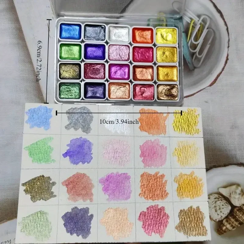 20-color metallic watercolor set, 2024 new portable floral print halo-dye box, pearl gloss solid color watercolor handmade solid